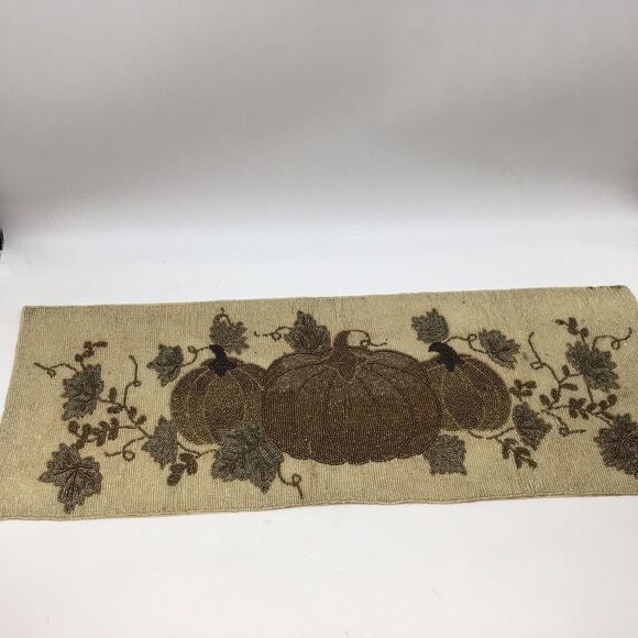 PIER 1 IMPORTS Beaded Table Runner Fall Autumn Thanksgiving 35”x13” Pumpkin Leaf - Picture 1 of 11